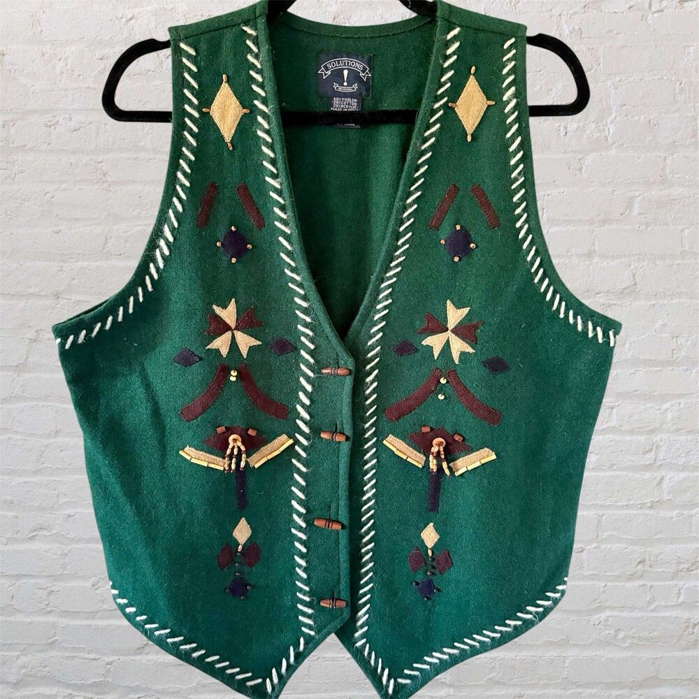 Vintage 90s Wool Blend Southwestern Artisan Rustic Folk Art Boho Toggle M Medium